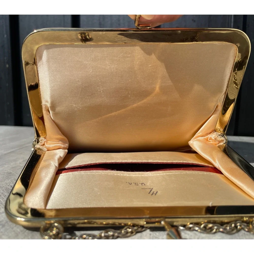 Vintage Harry Levine Gold Weave Evening Bag Kiss Lock Chain Strap Clutch Wedding
